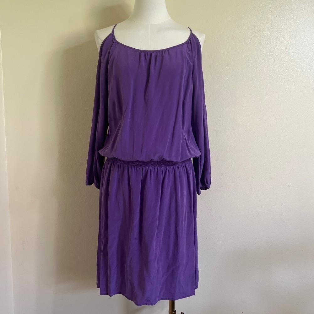 White House Black Market Purple 100% Silk Cold Shoulder Smocked Waist Dress L